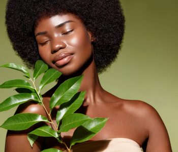 Organic cosmetics concept. Beauty portrait of young beautiful a Organic cosmetics concept. Beauty portrait of young beautiful african american woman with posing with a green branch, model curly hair against green background.