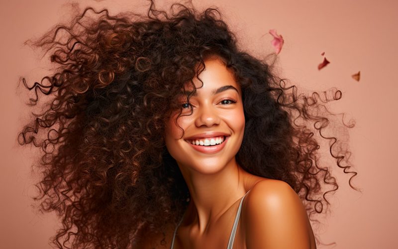 Strong hair, portrait or happy girl with beauty