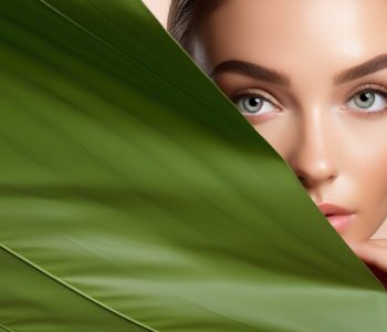 Close up face of beautiful young woman covering her face with green leaves while looking at the camera. Close up face of beautiful young woman covering her face with green leaves while looking at the camera.